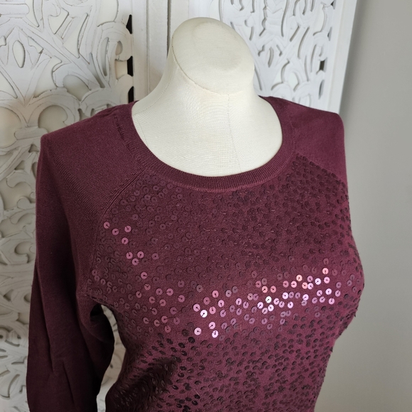 LOFT Burgundy Sequin Front Cotton Sweater Women’s Size L - Picture 3 of 11
